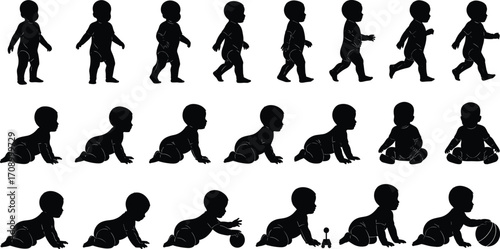 Baby development, crawling, sitting, walking, infant growth, motor skills, silhouette stages, early childhood, toddler movement, physical milestones, learning to walk
