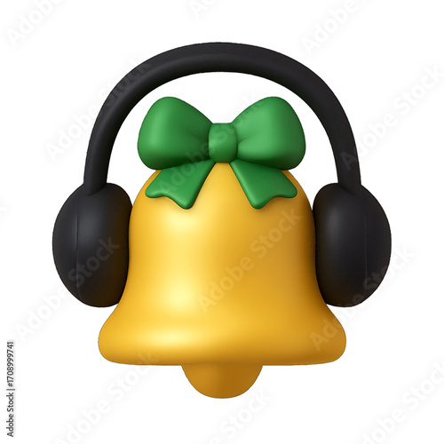 3D plastic icon of Christmas bell with headphones isolated on transparent background