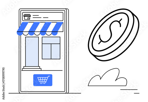 Mobile storefront with awning and shopping cart, next to a floating coin. Ideal for e-commerce, online shopping, retail, sales motivation, financial growth, digital transactions, simple landing page
