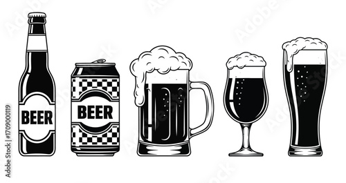 Black and White Beer Bottle Can Mug and Glasses with Foam on White Background vector illustration