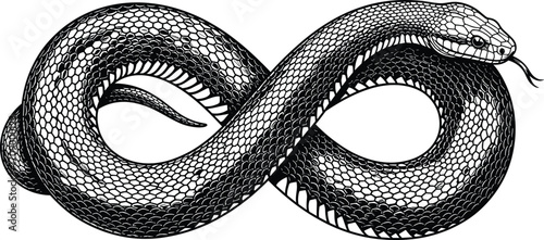 Intricate black and white snake illustration forming infinity symbol, detailed scales, mythical reptile design, endless loop, tattoo art inspiration, abstract wildlife drawing