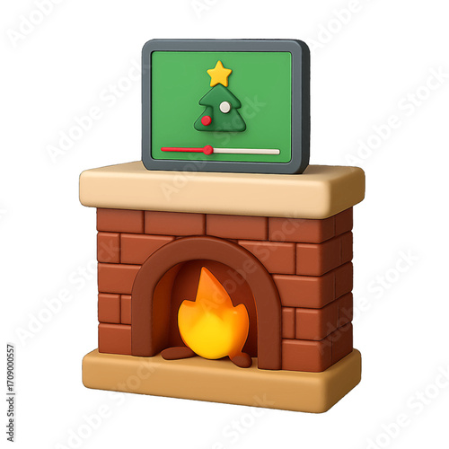 3D plastic icon of fireplace with tablet showing Christmas movies isolated on transparent background