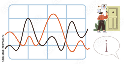 Graphical lines representing data trends, person handling access control and profile images, speech bubble with info. Ideal for data analysis, privacy, cybersecurity, research, collaboration, tech