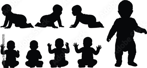 Baby silhouette, crawling baby, sitting infant, standing toddler, child development, baby movement, black silhouette, isolated pose, growth stages, vector illustration