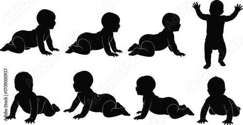 Baby silhouette, crawling baby, standing infant, toddler movement, child development, black outline, growth stages, isolated pose, vector illustration, milestone