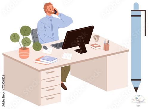 Man making phone call while working at desk with computer, papers, and stationery. Ideal for business, productivity, offices, multitasking, communication remote work management. Simple flat