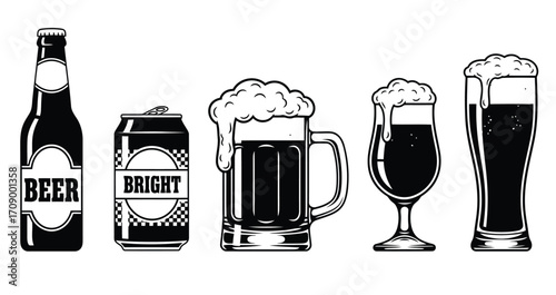 Black and white collection of beer bottles cans and glasses with foam Keywords: beer, drink, beverage, alcohol