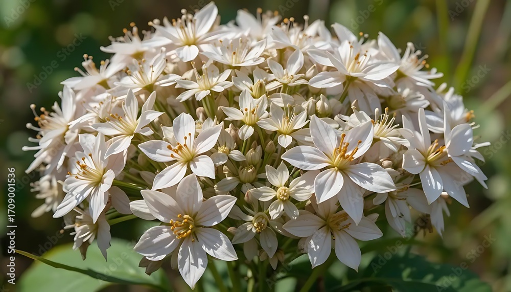 Obraz premium Close up of a beautiful cluster of white flowers with yellow centers in natural sunlight outdoors