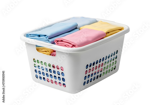 Clean folded laundry in a white plastic laundry basket