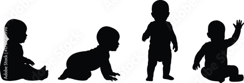 Baby silhouette, infant poses, crawling baby, sitting baby, standing baby, toddler movement, child development, black silhouette, white background, isolated children