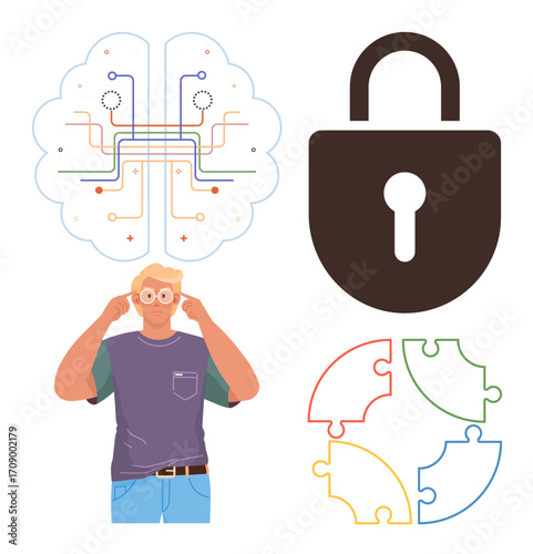 Person with glasses, networked brain, padlock, and puzzle pieces highlight connectivity, problem-solving, and security. Ideal for innovation, technology, analytics creativity learning data