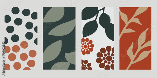 Modern abstract botanical art collection with organic shapes and earthy tones