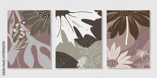 Abstract botanical triptych with muted earthy tones and floral leaf motifs