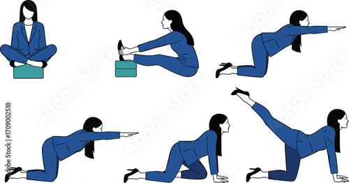 Businessman, yoga, office wellness, corporate stretching, stress relief, mindfulness, workplace fitness, cartoon, blue tone, suit, balance, flexibility, meditation, posture, productivity