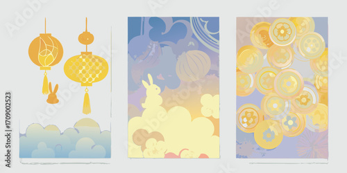 Festive asian inspired design with lanterns rabbits clouds and floral motifs in warm golden and pastel colors