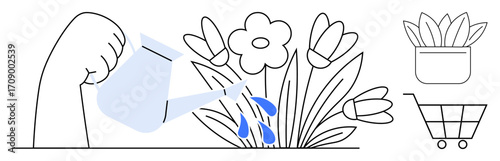 Hand pouring water on vibrant flowers from a watering can, paired with a potted plant and shopping cart. Ideal for gardening, growth, sustainability, eco-consciousness, nurturing, online shopping