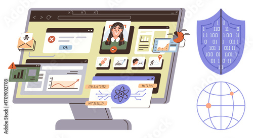 Computer screen with folders, graphs, video calls, and alerts, alongside shield and globe. Ideal for technology, data protection, IT security, online threats privacy digital safety innovative