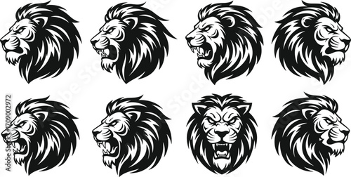 Lion head vector set, roaring lion logo, tribal lion design, fierce wild animal illustration, tattoo style, black silhouette art
