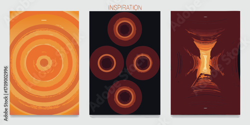 Abstract geometric designs featuring concentric circles and a fiery tunnel effect