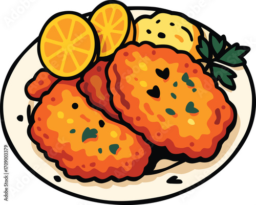 Delicious fried chicken cutlets with lemon slices and garnish on a plate. Editable EPS file, ideal for menu design, restaurant branding, culinary projects, and food packaging concepts.