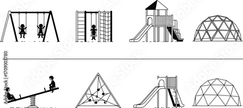 Playground equipment silhouette icons, children playing on swings, slides, climbing frames, seesaw, jungle gym, outdoor park fun vector illustration