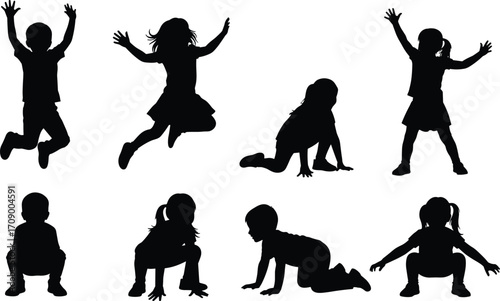 Children silhouette in dynamic poses, jumping, squatting, kneeling, playful movement, isolated black figures, active kids, motion study, expressive gestures
