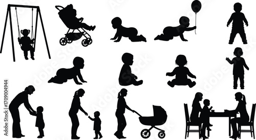 Childhood, parenting, baby, toddler, development, growth, family, care, nurturing, silhouette, stroller, crawling, walking, bonding, swing, support, love, early years, milestones