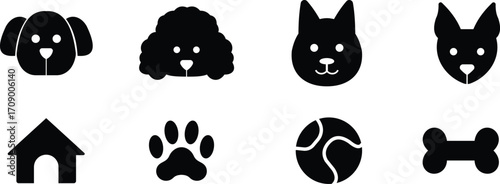 dog icons set, collection and group of puppy face, pet paw, bone, house, ball, silhouette and outline illustration, flat style vector design isolated on transparent background