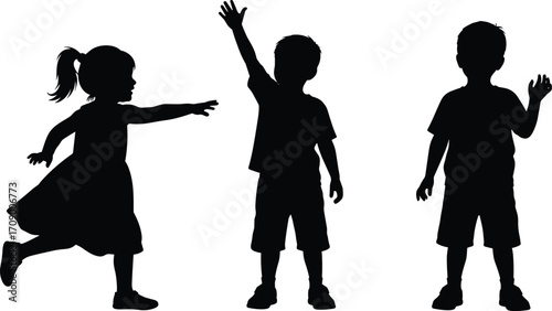 Children silhouette, playful kids, outdoor fun, happy childhood, running girl, waving boy, summer activity, freedom, motion, joy, youth, energetic, carefree, friendship, gesture, t-shirt