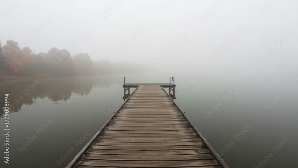 Fototapeta premium Wooden bridge in the river, filled with forest mist