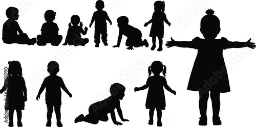 Children silhouettes, toddler poses, crawling baby, standing child, playful kids, childhood movement, preschool activity, black outline, isolated figures, vector art