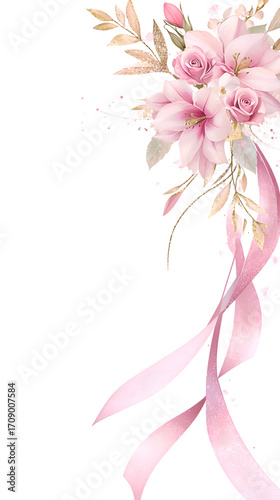 Elegant pastel floral border with pink cherry blossoms and satin ribbon decoration on black background, romantic botanical wedding invitation design.