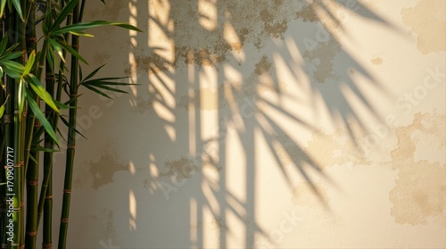 tropical bamboo  with shadow layers on white plaster walls, leaving for negative space