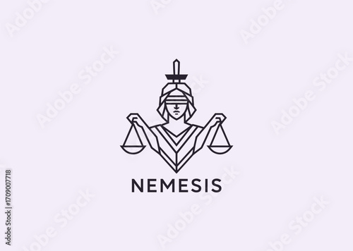A geometric line art logo of Nemesis holding scales of justice, symbolizing fairness, balance, and divine retribution