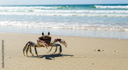 Crab on sandy beach by ocean