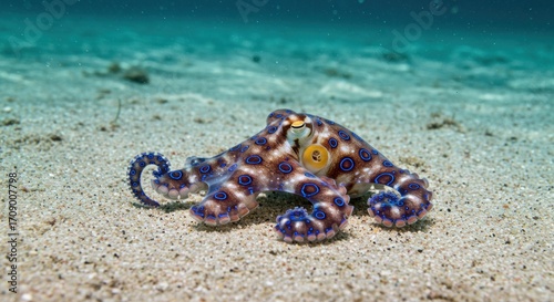 Colorful octopus on sandy seabed