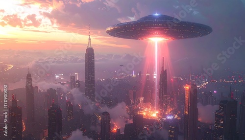 A futuristic city is bathed in the fading sunlight as a flying saucer hovers, beaming a bright red light down below