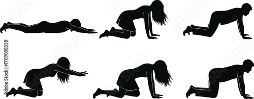 Crawling silhouette, prone posture, human movement, physical therapy, exercise pose, animation reference, body position, crawling stages, fitness illustration, outline figure