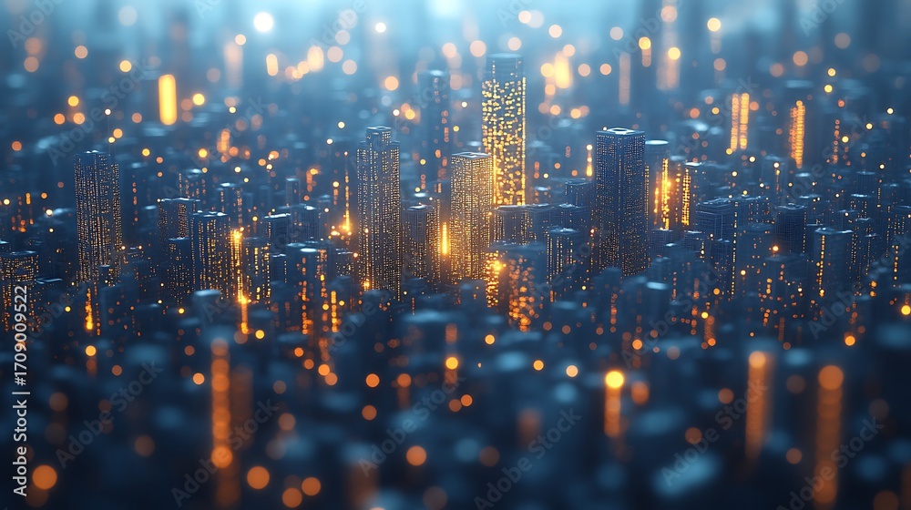 Obraz premium Futuristic digital city landscape with glowing lights in the darkness, and technology concept.