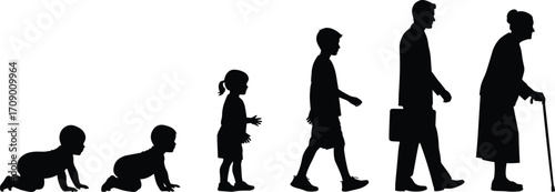 Human life stages silhouette, aging progression, childhood to elderly, growth concept, timeline of life, evolution, development, age transition, profile view
