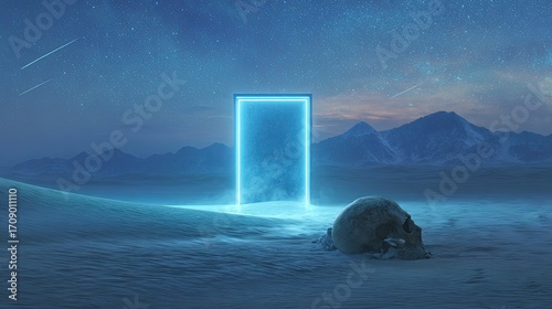 Glowing Portal In Snowy Mountain Landscape At Night
