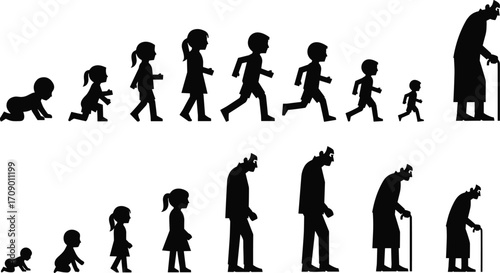 Human life stages, silhouette evolution, aging process, childhood to elderly, life cycle concept, growth timeline, people development, age progression, symbolic journey