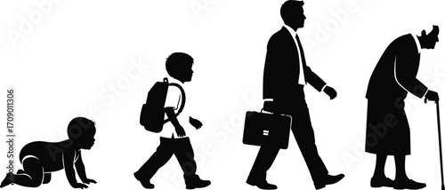 Human life stages, silhouette illustration, baby crawling, child walking, adult working, elderly with cane, aging concept, timeline, development, growth, journey