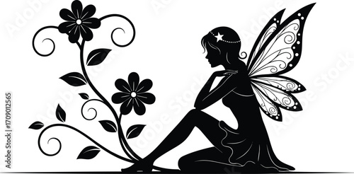 Fairy silhouette sitting with flowers, magical fairy with wings, floral fairy illustration, fantasy art for decoration, enchanted vector artwork