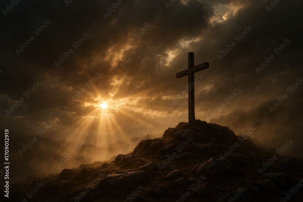 Naklejka premium Wooden cross silhouetted on windswept hill at dawn radiant sunbeams pierce storm clouds and drifting mist symbol of hope and resurrection