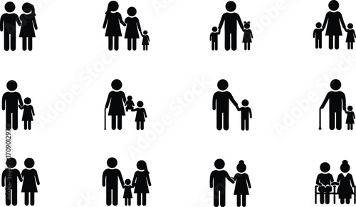 Family icons collection, parent child symbols, modern family silhouettes, diverse family relationships, elderly with children, couple icons, community illustrations