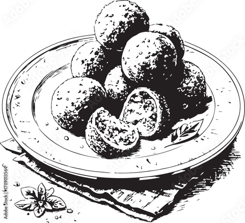 Falafel Vector Illustration, Sketch Drawing Line Linear Symbol Icon Engraving Coloring Book, Hand-drawn Doodle Black and White Isolated