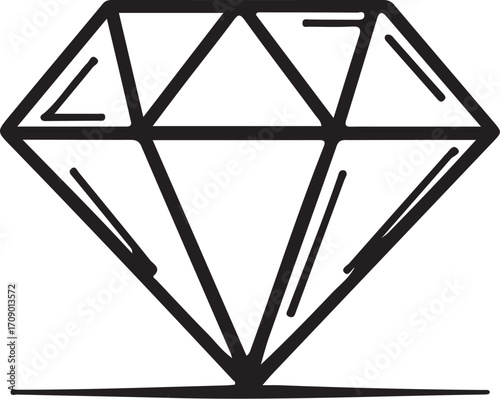 Gem Gemstone Diamond Vector Illustration, Sketch Drawing Line Linear Symbol Icon Engraving Coloring Book, Hand-drawn Doodle Black and White Isolated