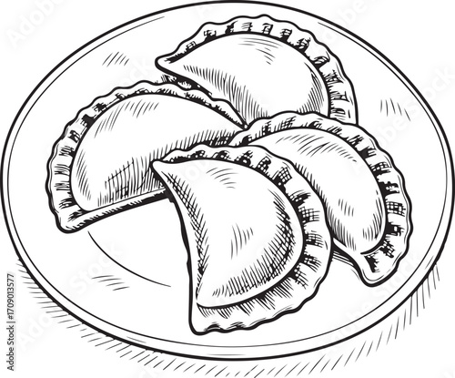 Pierogi Polish or Varenyky Ukrainian Dumplings Vector Illustration, Sketch Drawing Line Linear Symbol Icon Engraving Coloring Book, Hand-drawn Doodle Black and White Isolated