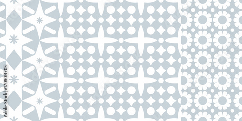 Seamless pattern collection featuring geometric stars diamonds circles and flowers in light blue and white